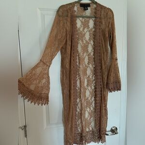 Polly Esther long sleeve lace overlay, pinkish tan, size medium